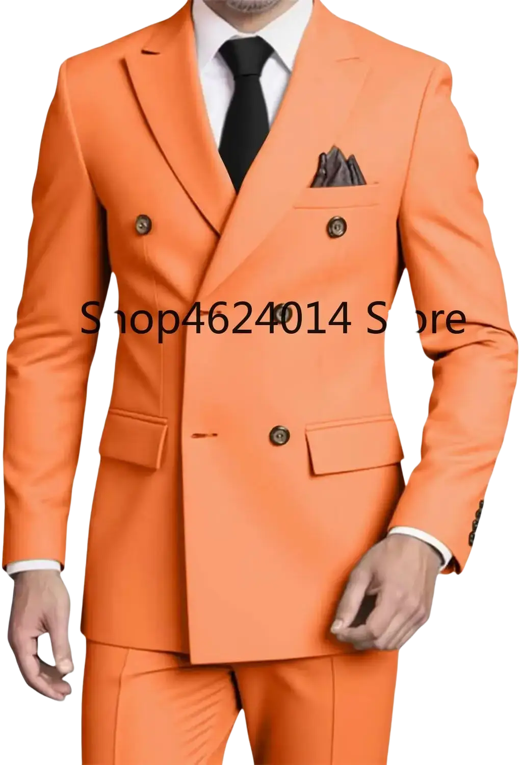 Mens slim fit double breasted suit tuxedo in bright orange with dark brown buttons and matching pocket square