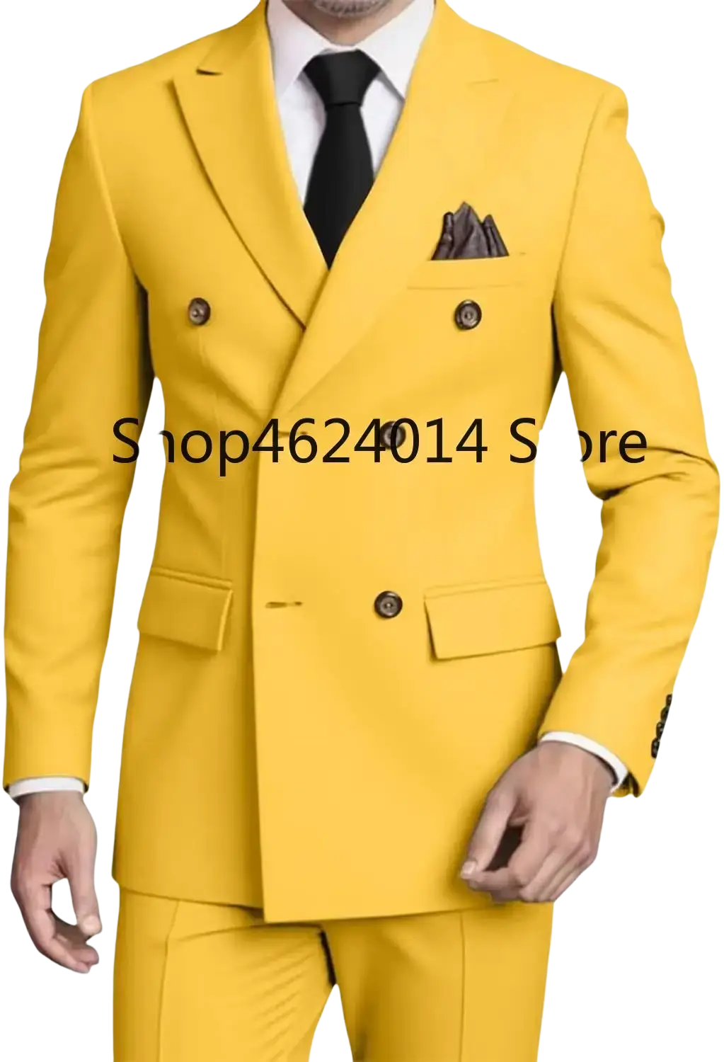 Mens slim fit double breasted bright yellow suit tuxedo with dark brown buttons and matching pocket square