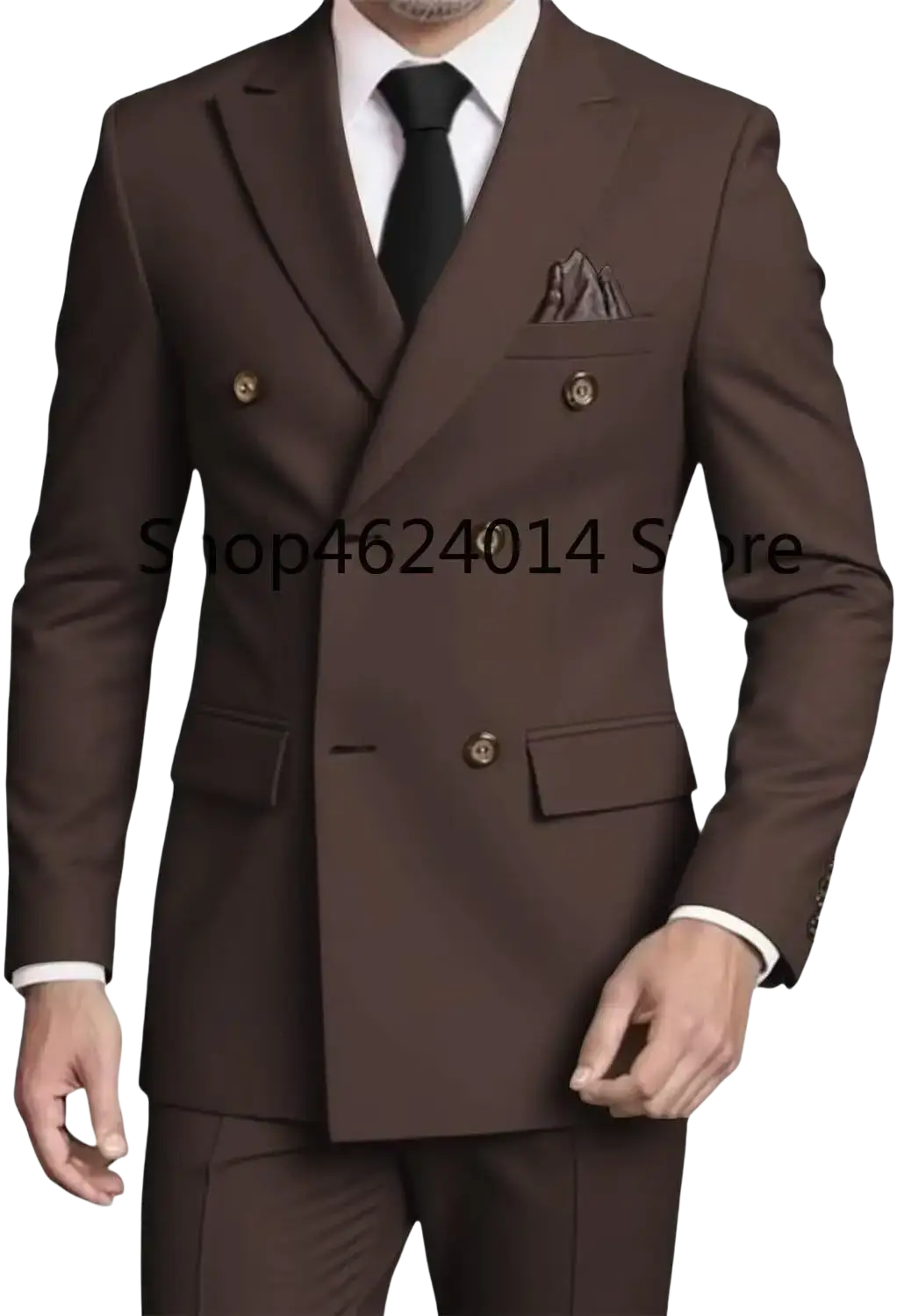 Mens slim fit double breasted brown suit with gold toned buttons and matching pocket square for formal occasions