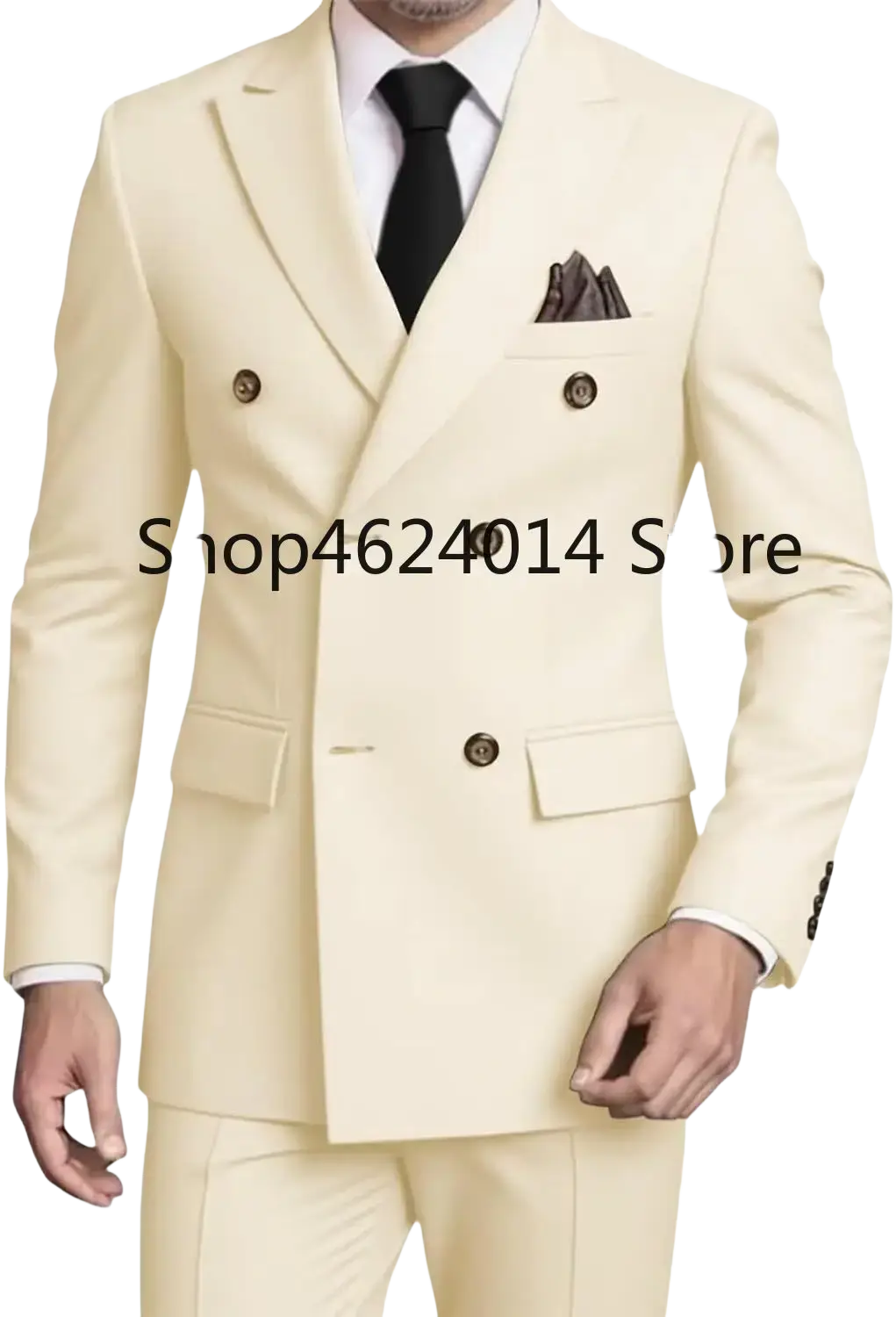 Mens slim fit double breasted cream-colored suit tuxedo with dark brown buttons and matching pocket square