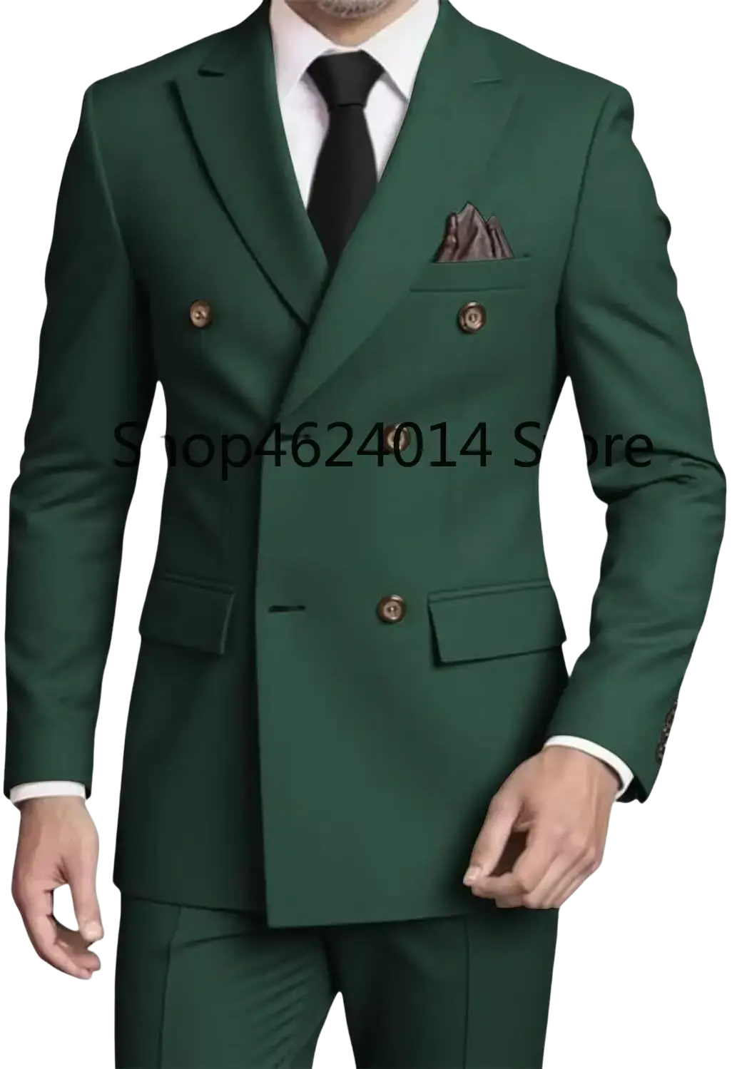 Elegant mens slim fit double breasted emerald green suit tuxedo with gold toned buttons and matching pocket square