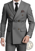 Mens slim fit double breasted gray suit tuxedo with gold-toned buttons and matching pocket square designed for formal wear