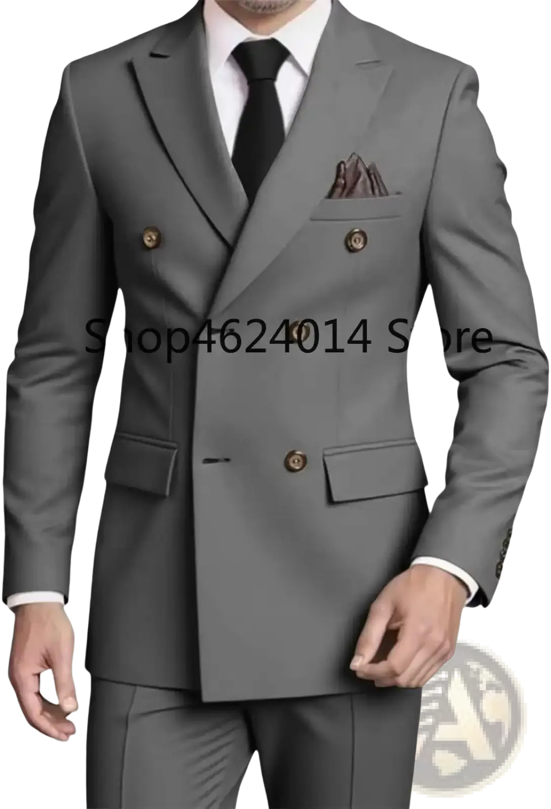 Mens slim fit double breasted gray suit tuxedo with gold-toned buttons and matching pocket square designed for formal wear