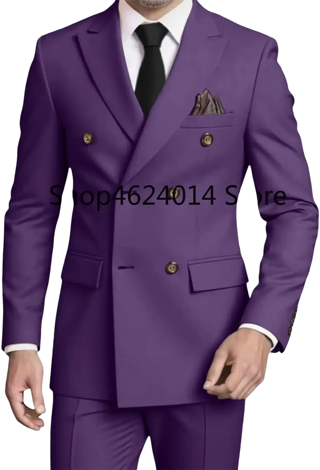 Mens slim fit double breasted purple suit tuxedo with gold buttons and a matching pocket square for formal occasions