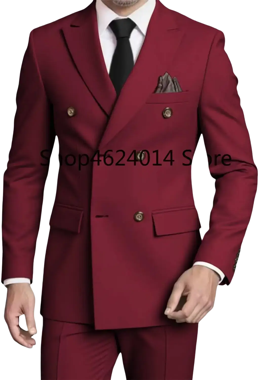 Mens slim fit double breasted burgundy suit tuxedo with gold toned buttons and matching pocket square