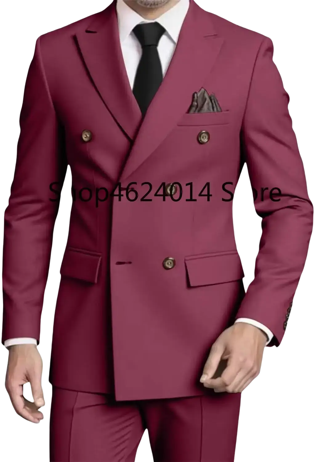 Mens slim fit double breasted maroon suit tuxedo with gold toned buttons and matching pocket square