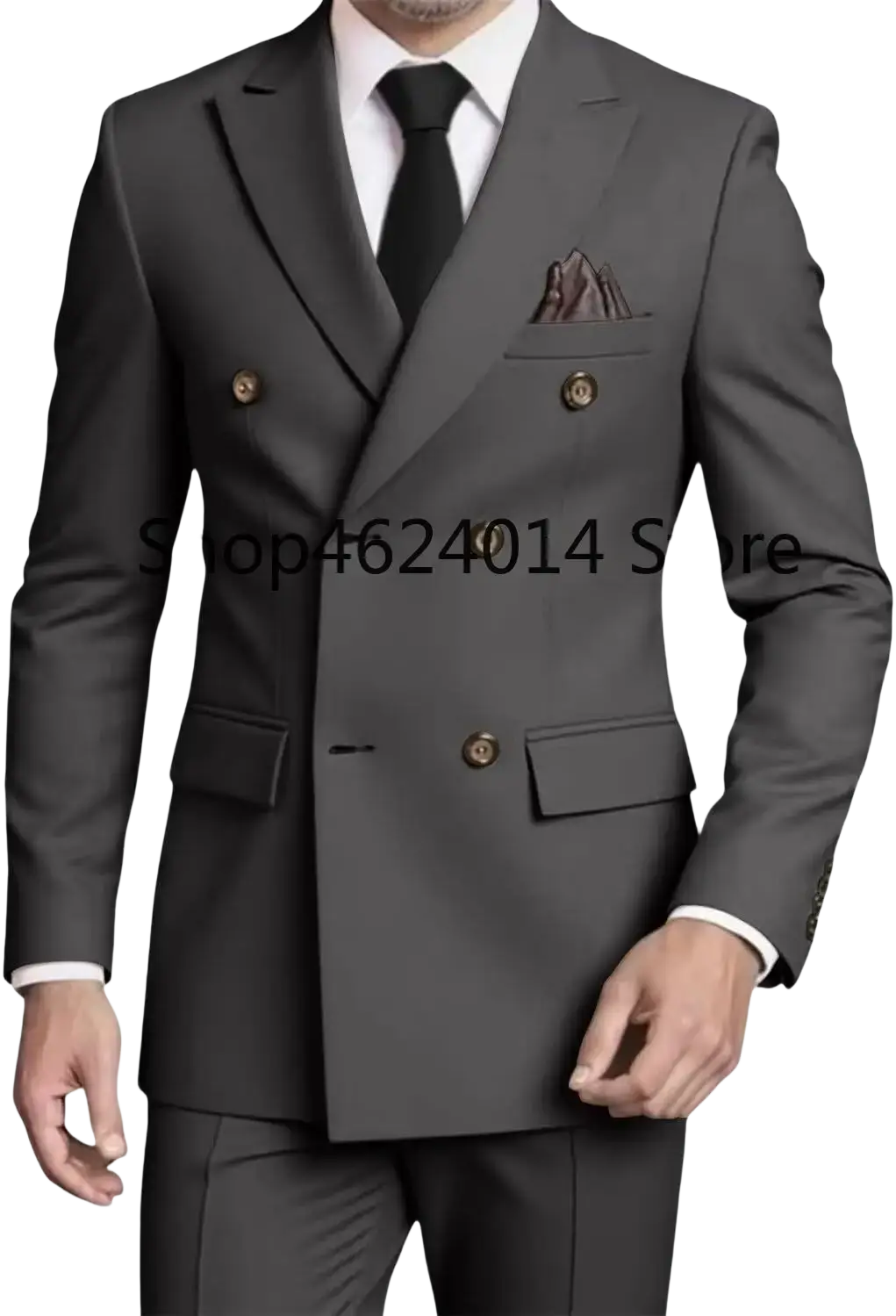 Mens slim fit double breasted charcoal gray suit tuxedo with gold toned buttons and matching pocket square