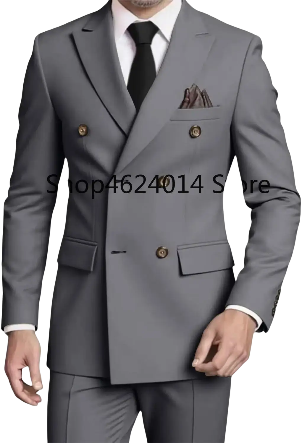 Mens slim fit double breasted suit tuxedo in sleek gray with gold toned buttons and matching pocket square