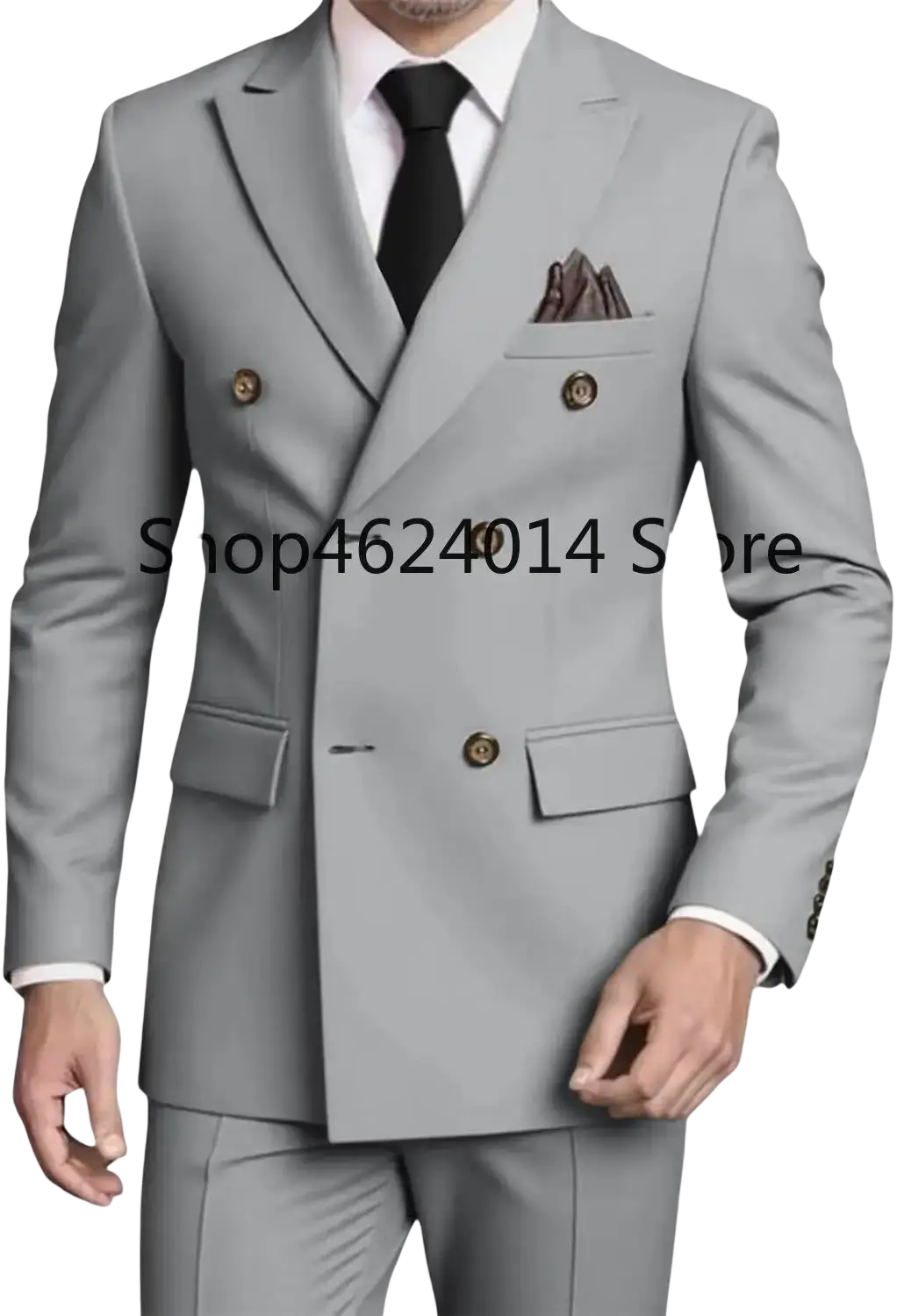 Mens slim fit double breasted suit tuxedo jacket in light gray with gold toned buttons and matching pocket square