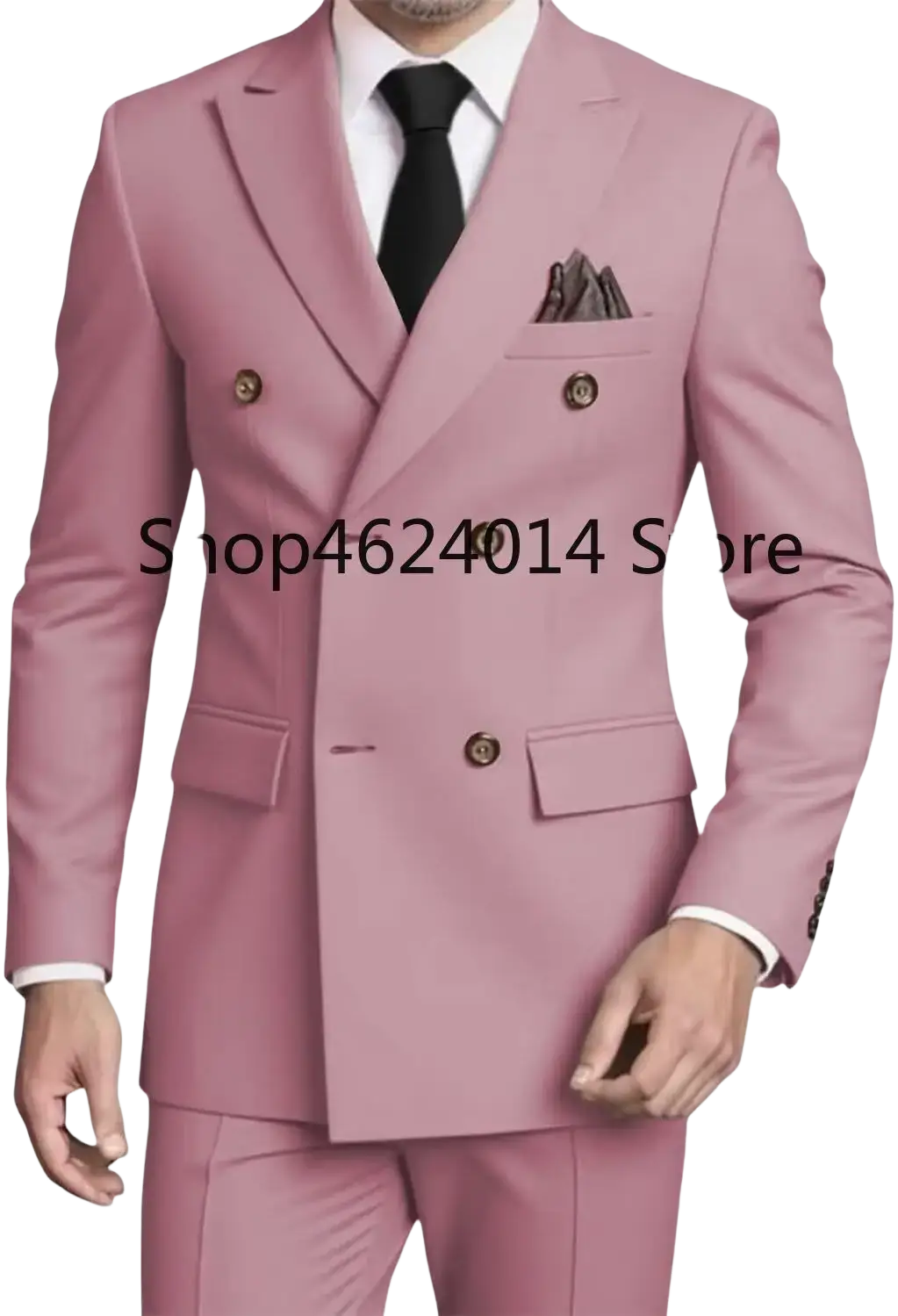 Mens slim fit double breasted pink suit tuxedo with gold toned buttons and matching pocket square for formal occasions
