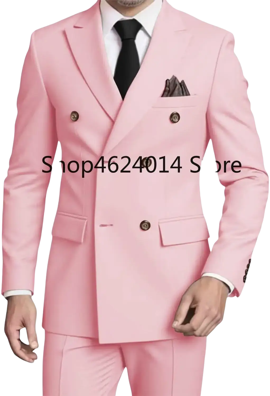 Mens slim fit double breasted suit tuxedo in sleek pink with matching trousers and dark brown buttons