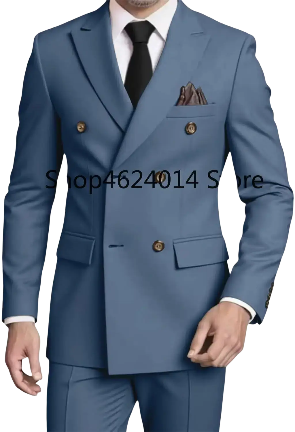 A tailored mens slim fit blue double breasted suit tuxedo with gold toned buttons and matching pocket square