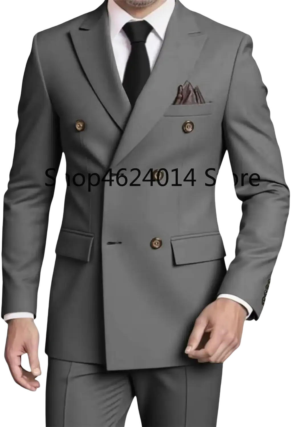 Mens slim fit double breasted gray suit tuxedo with gold-toned buttons and matching pocket square designed for formal wear