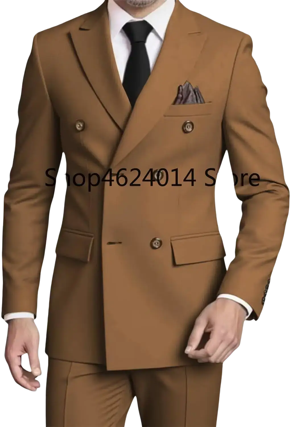 Mens slim fit double breasted tan suit tuxedo with gold toned buttons and matching trousers featuring pocket square