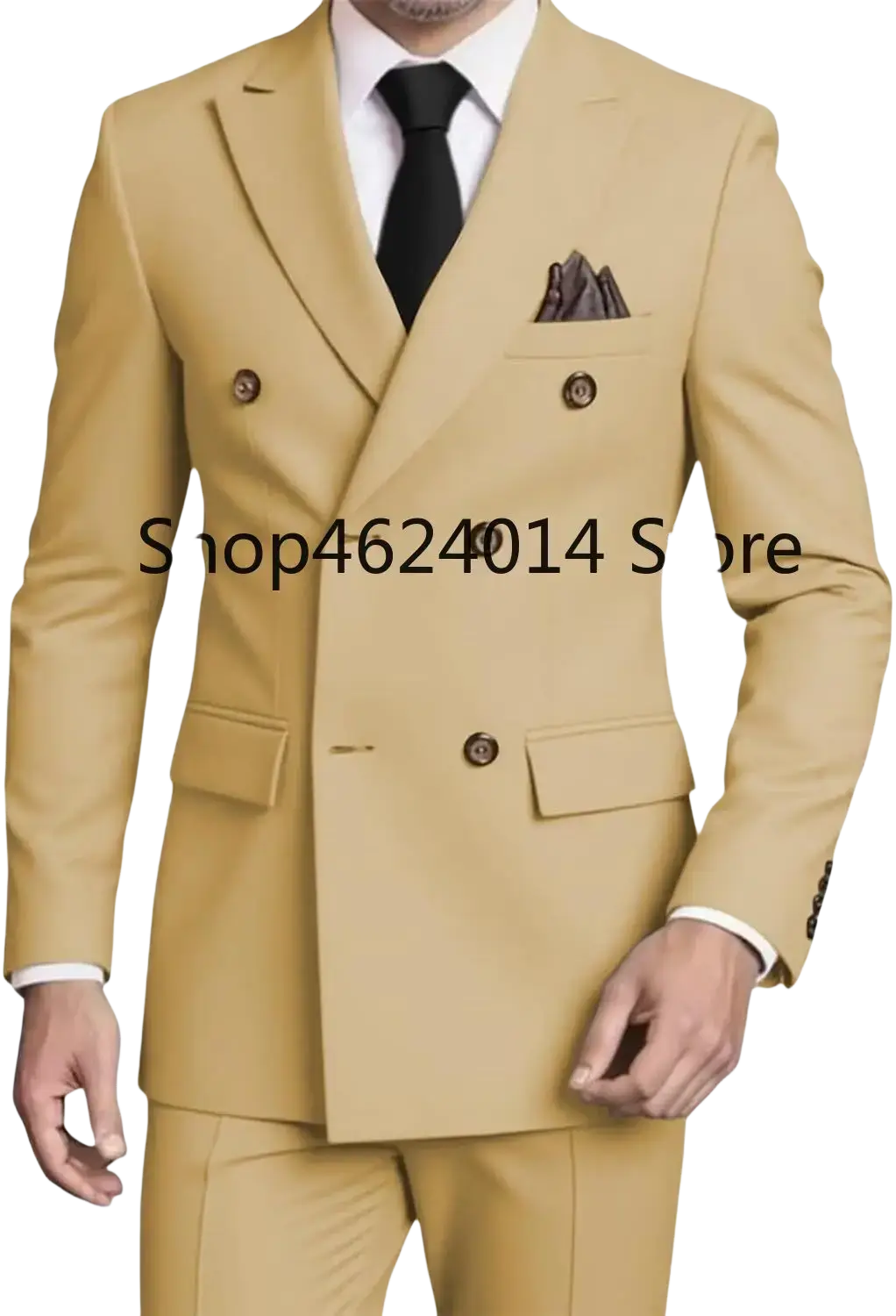 Mens slim fit double breasted tan suit with brown buttons and matching pocket square for formal occasions