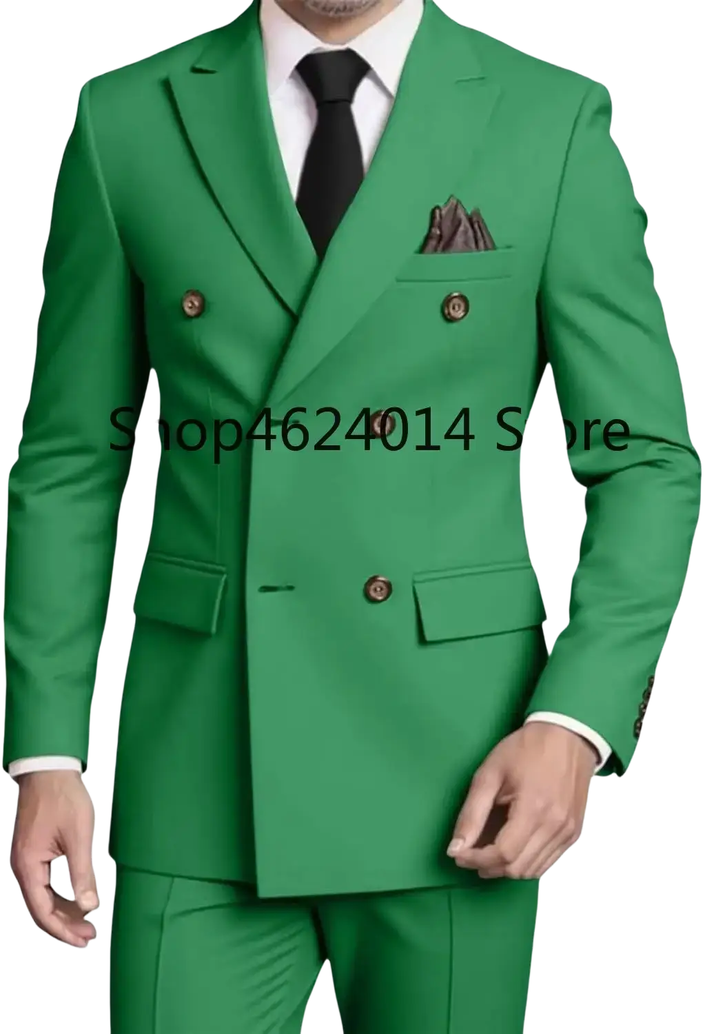 Men’s slim fit double breasted tuxedo suit in vibrant emerald green with brown buttons and folded pocket square