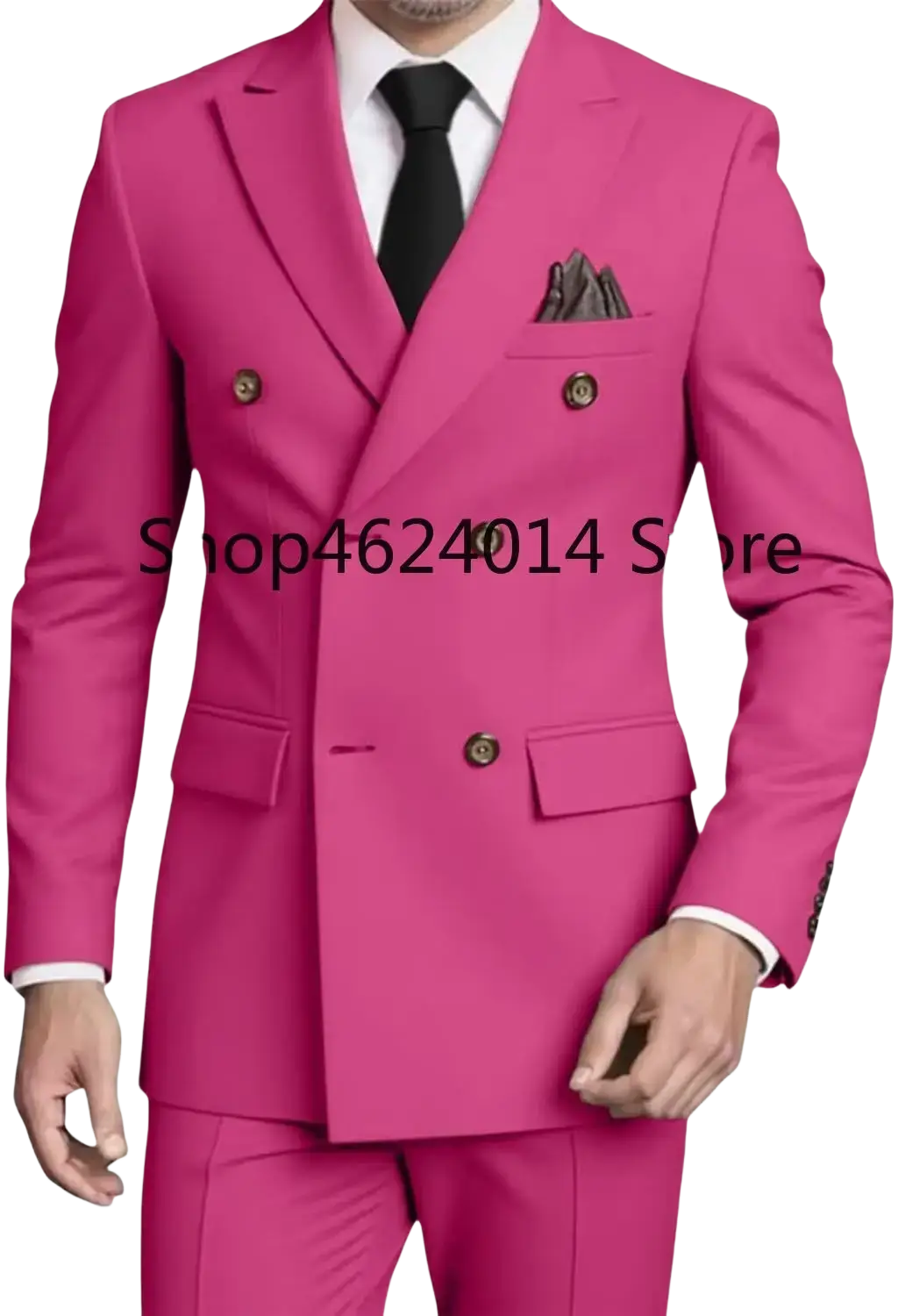 Mens slim fit double breasted suit tuxedo in vibrant fuchsia with gold toned buttons and matching pocket square