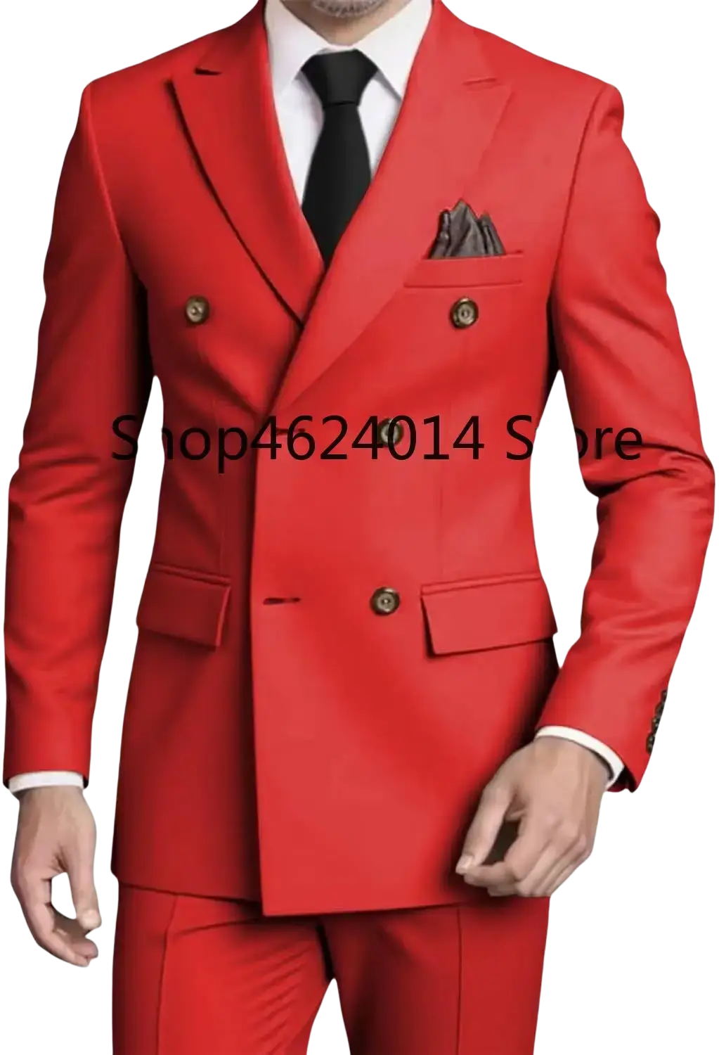 Mens slim fit double breasted red suit tuxedo with gold toned buttons and matching pocket square for formal occasions