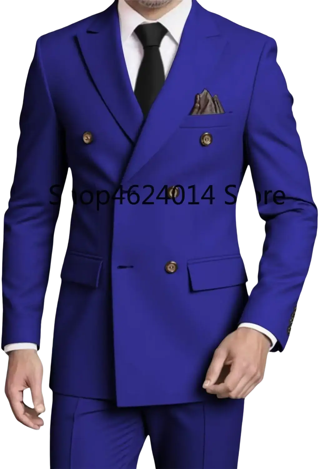 Mens slim fit double breasted tuxedo suit in vibrant royal blue with gold toned buttons and matching pocket square