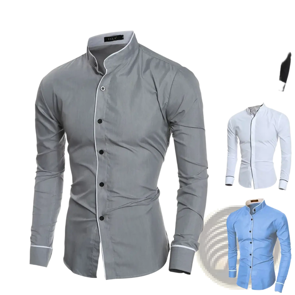 Men’s gray devil king slim fit dress shirt with white trim on collar placket and cuffs for casual and formal wear