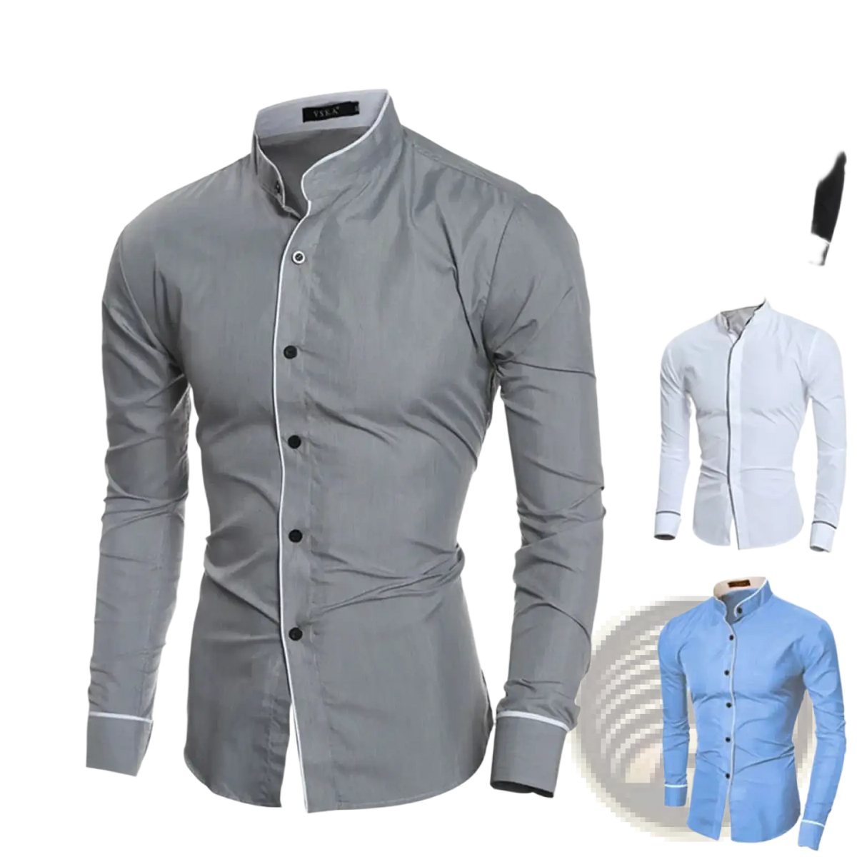 Men’s gray devil king slim fit dress shirt with white trim on collar placket and cuffs for casual and formal wear