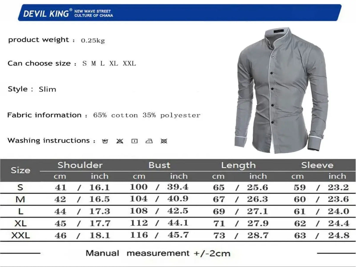 Men’s slim fit gray dress shirt with mandarin collar and buttoned cuffs made of 65% cotton 35% polyester for formal wear