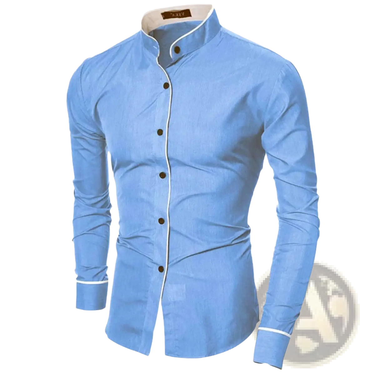 Mens slim fit dress shirt long sleeve light blue with stand-up collar and white trim for casual formal use