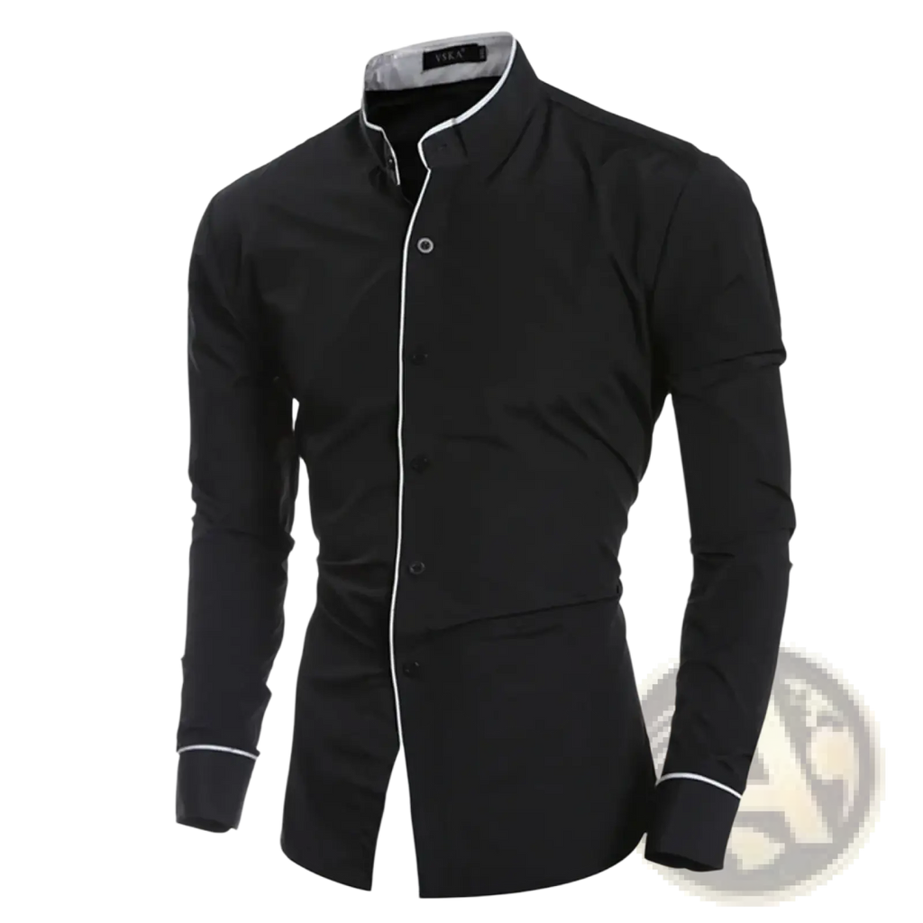 Mens slim fit long sleeve black dress shirt with white trim on collar placket and cuffs for formal and casual wear