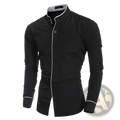 Mens slim fit long sleeve black dress shirt with white trim on collar placket and cuffs for formal and casual wear