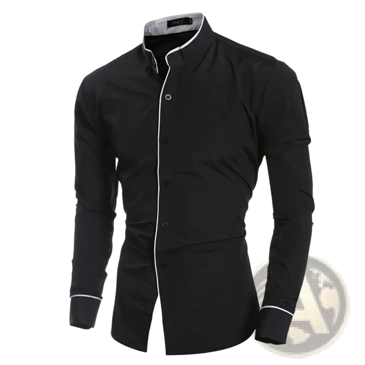 Mens slim fit long sleeve black dress shirt with white trim on collar placket and cuffs for formal and casual wear