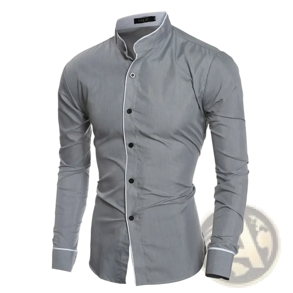 Mens slim fit gray dress shirt with stand-up collar and white trim for casual and formal occasions