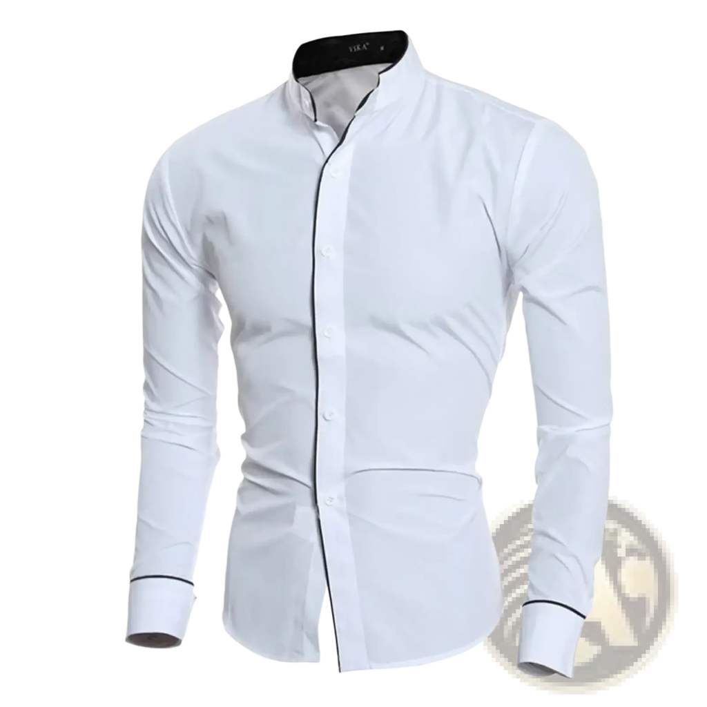 Mens slim fit white dress shirt with black contrast trim on placket cuffs and collar for casual and formal wear