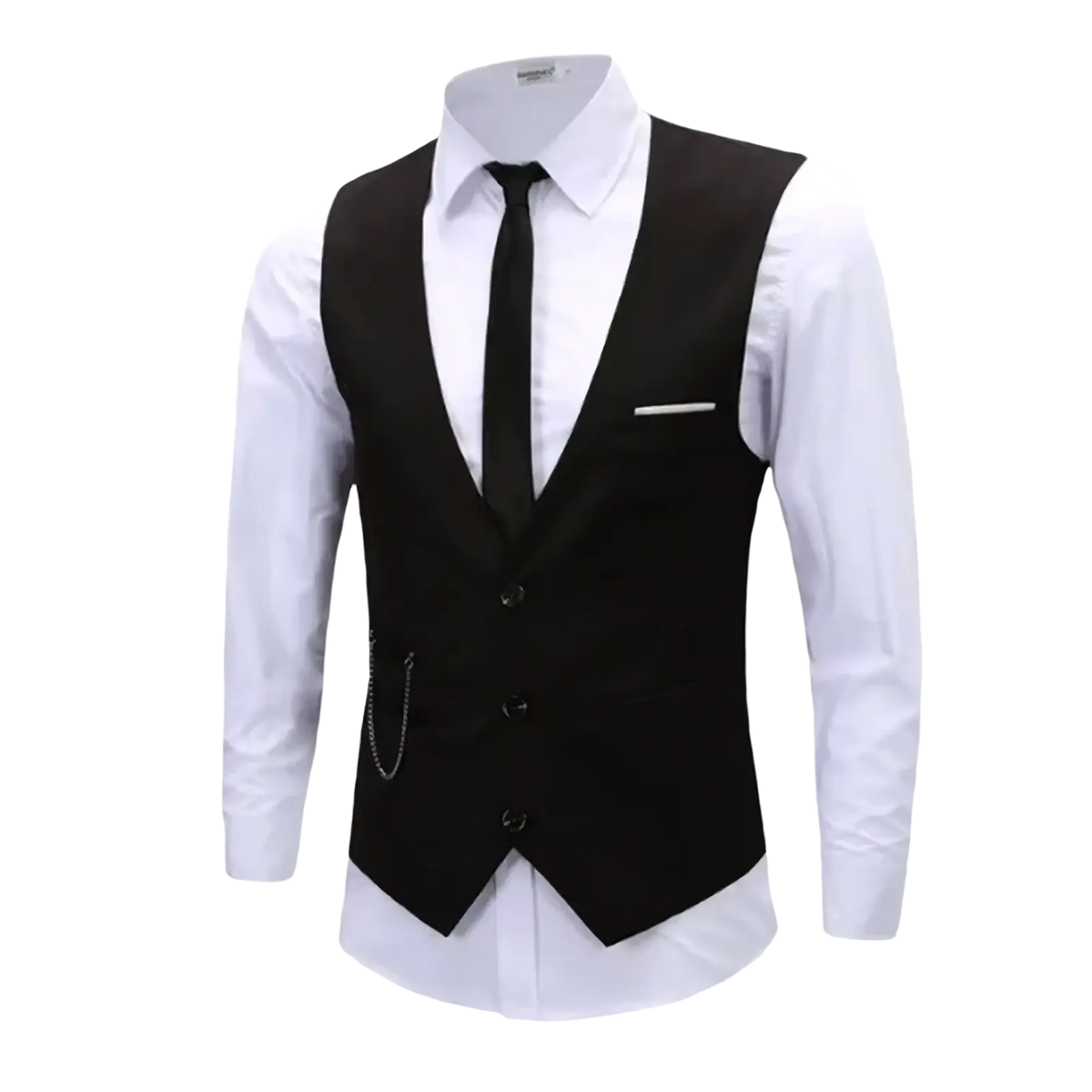 Mens slim fit dress vest formal waistcoat in black with sleek tailored fit and three front buttons