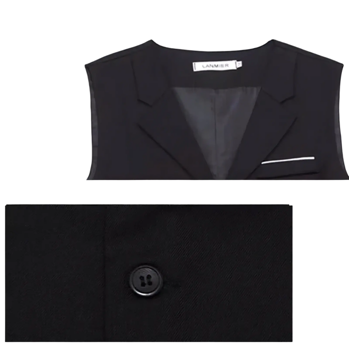 Mens slim fit dress vest black lanmier waistcoat with sleek tailored design and subtle white trim on pocket