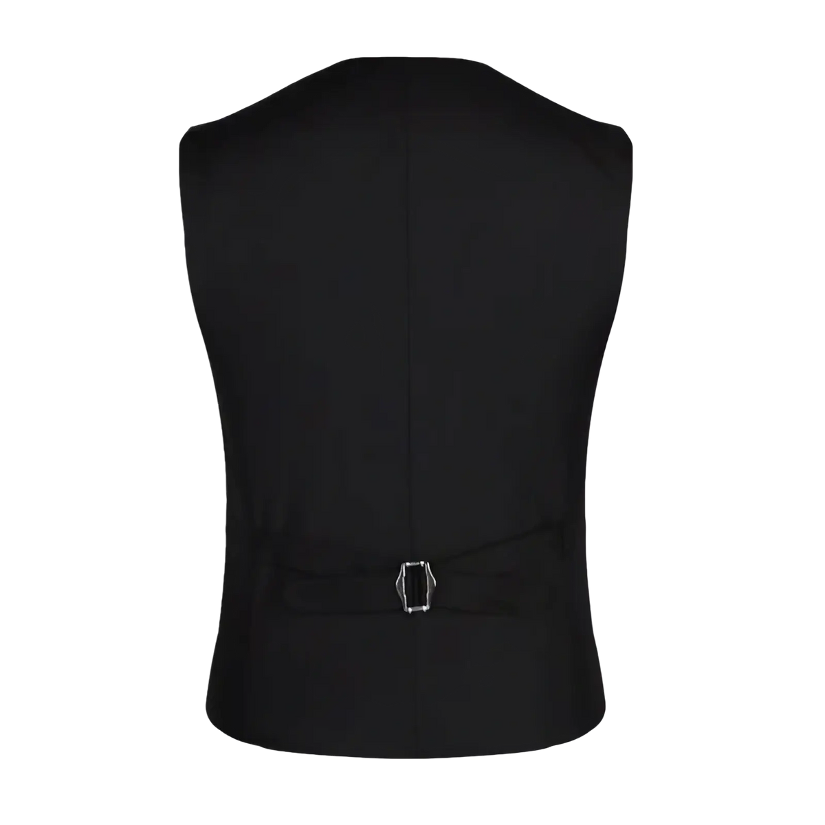 Mens slim fit dress vest formal waistcoat in black with a silver toned rectangular buckle at the waist