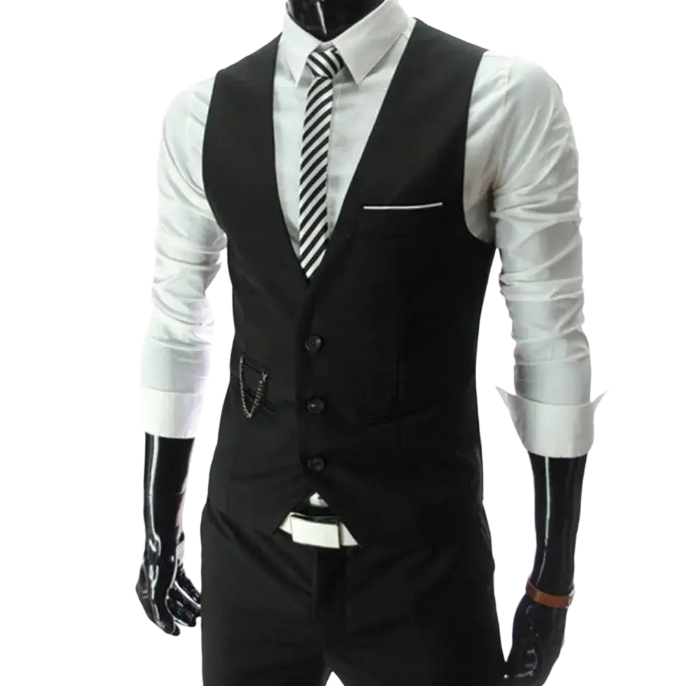 Mens slim fit dress vest in black with tailored design and subtle white trim for formal occasions