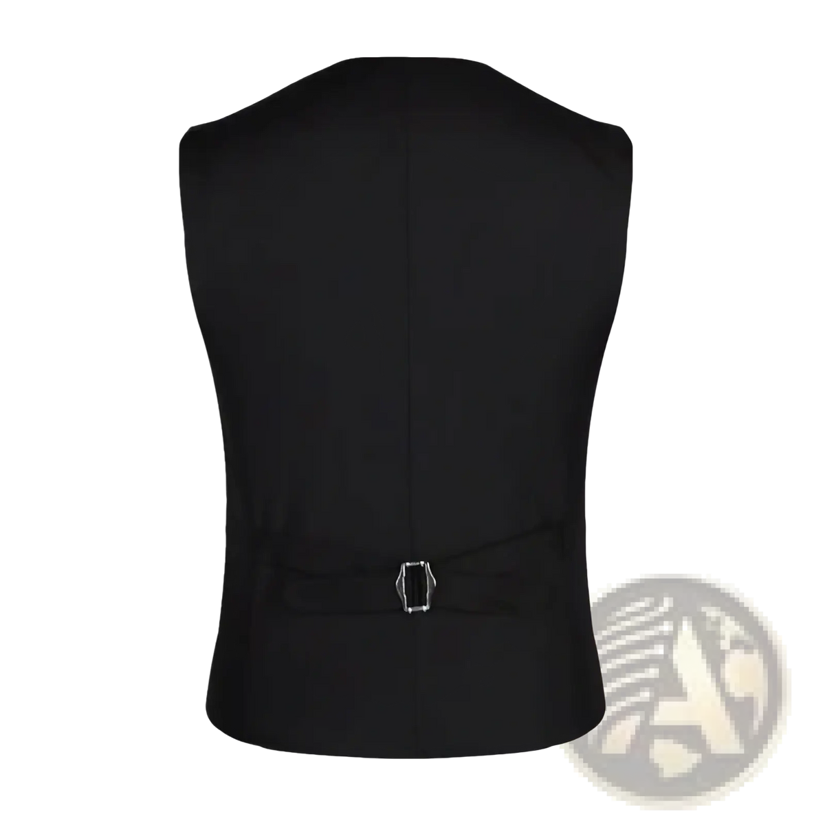 Mens slim fit dress vest formal waistcoat in black with a silver toned rectangular buckle at the waist