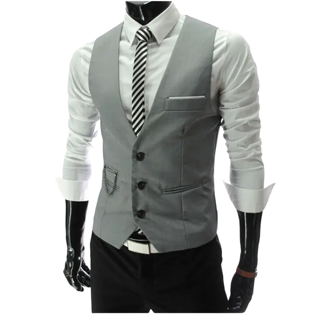 Gray men’s slim fit dress vest formal waistcoat with three black buttons and a single breast pocket