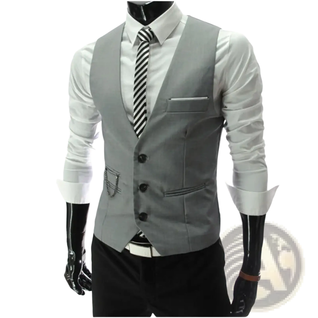 Gray men’s slim fit dress vest formal waistcoat with three black buttons and a single breast pocket