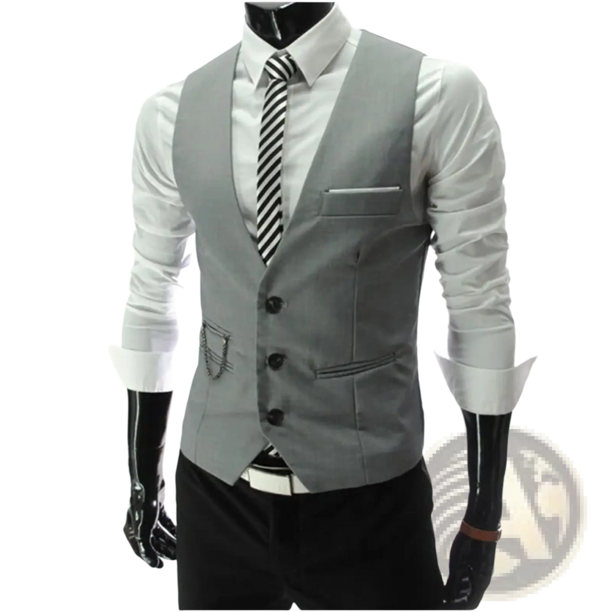 Gray men’s slim fit dress vest formal waistcoat with three black buttons and a single breast pocket