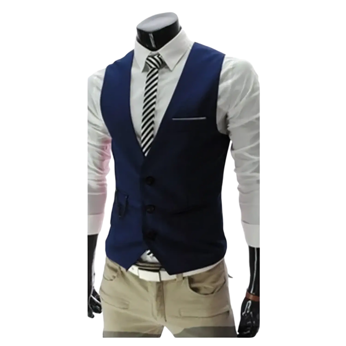 Mens slim fit dress vest formal waistcoat in navy blue with three black buttons and a single welt pocket