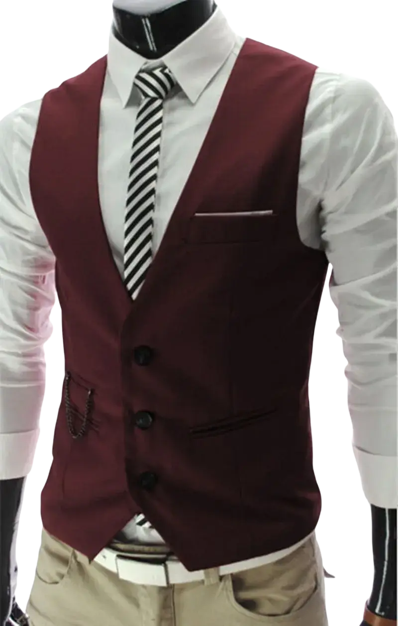Mens slim fit dress vest formal waistcoat in sleek maroon with tailored fit and three black buttons