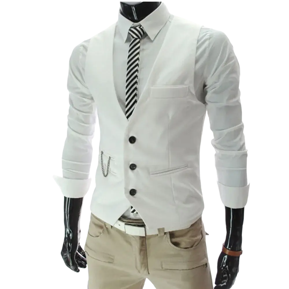 Mens slim fit white formal dress vest with three black buttons and chain pocket detail for elegant occasions