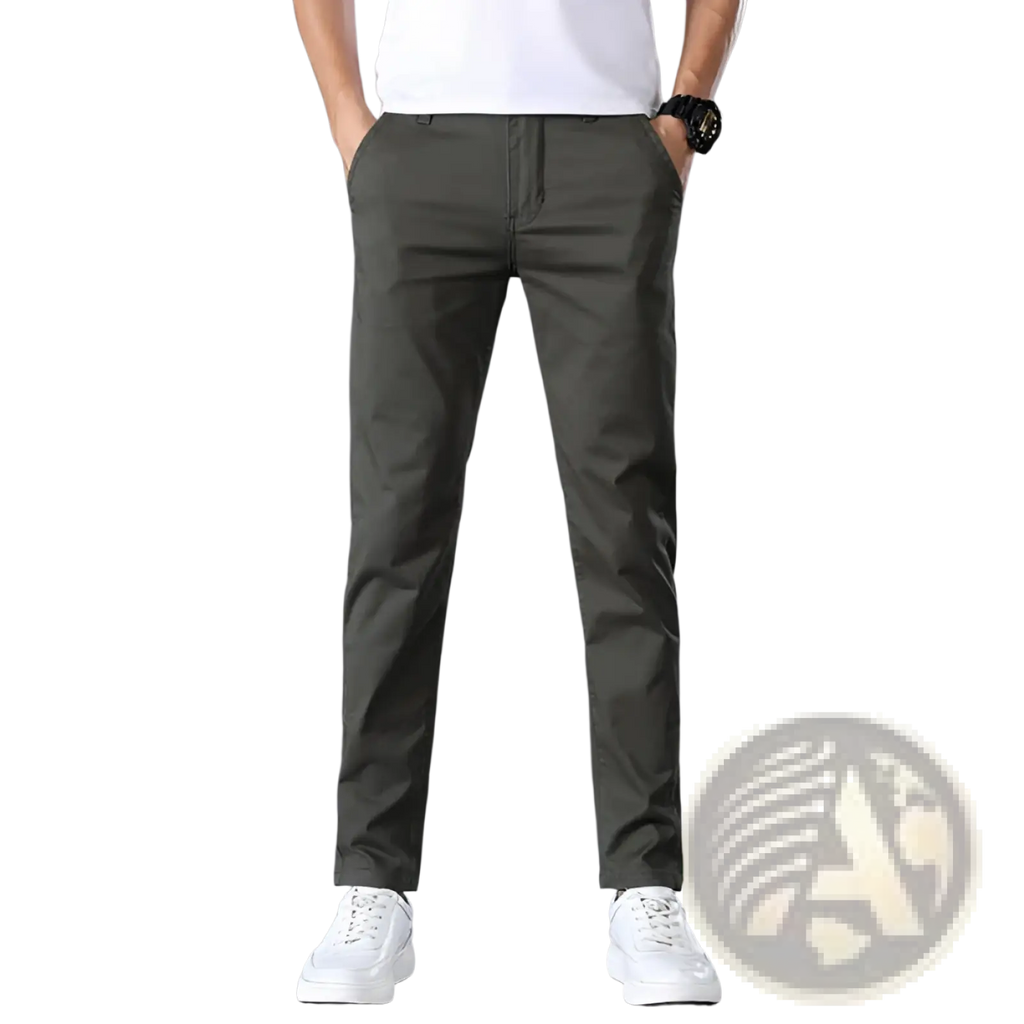 Men’s olive green slim fit elastic cotton chino pants with straight leg and subtle stitching details