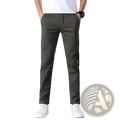 Men’s olive green slim fit elastic cotton chino pants with straight leg and subtle stitching details