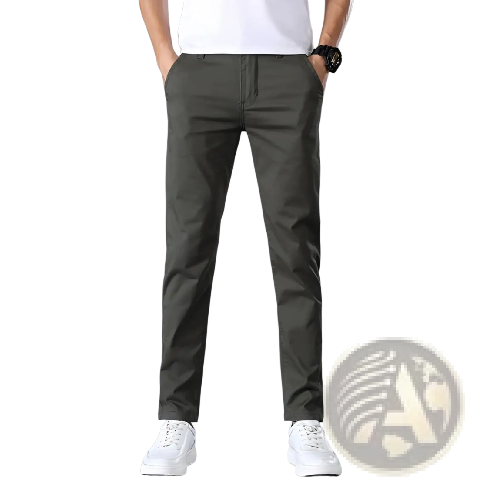 Men’s olive green slim fit elastic cotton chino pants with straight leg and subtle stitching details