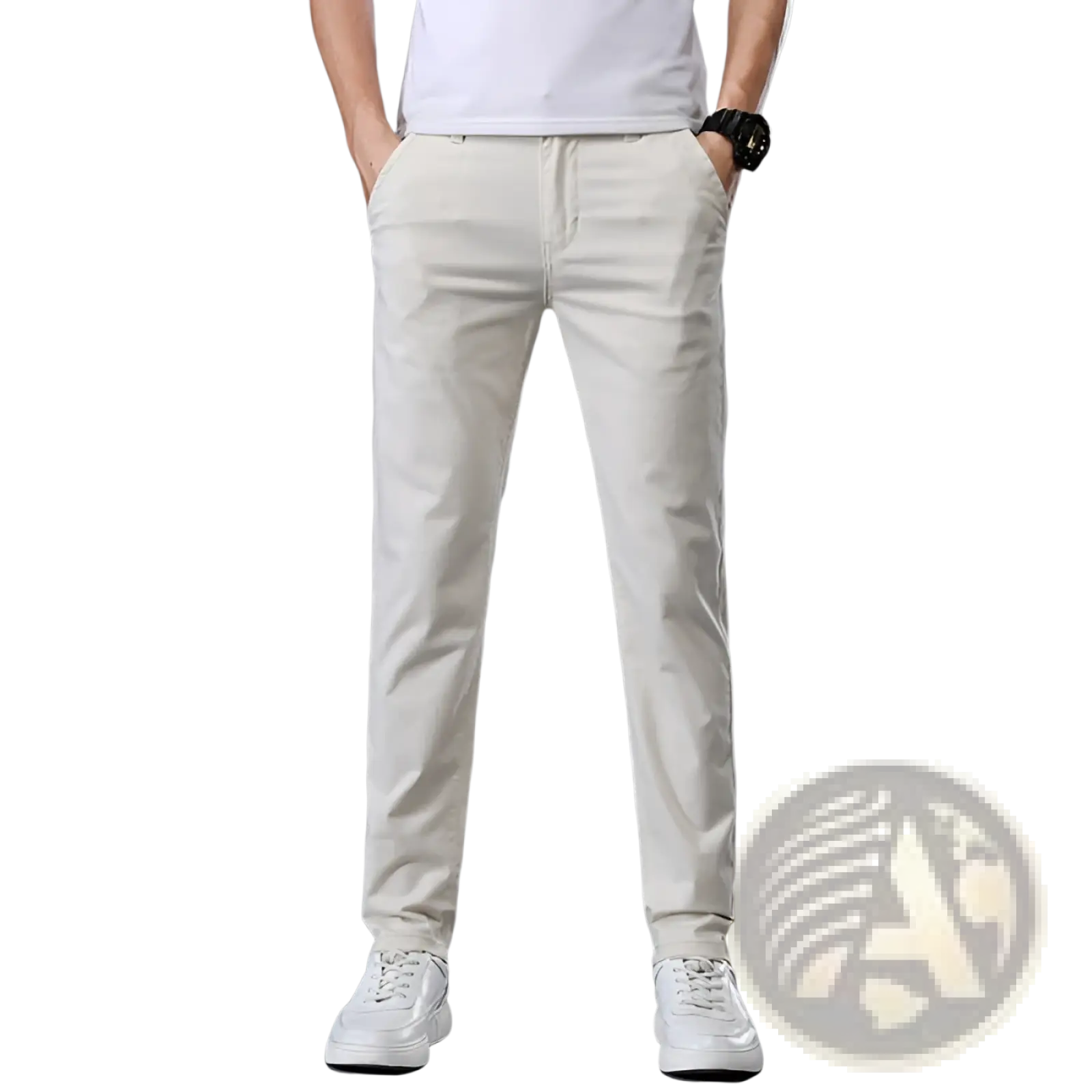Men’s beige slim fit elastic cotton chino pants with a clean modern design and straight leg cut