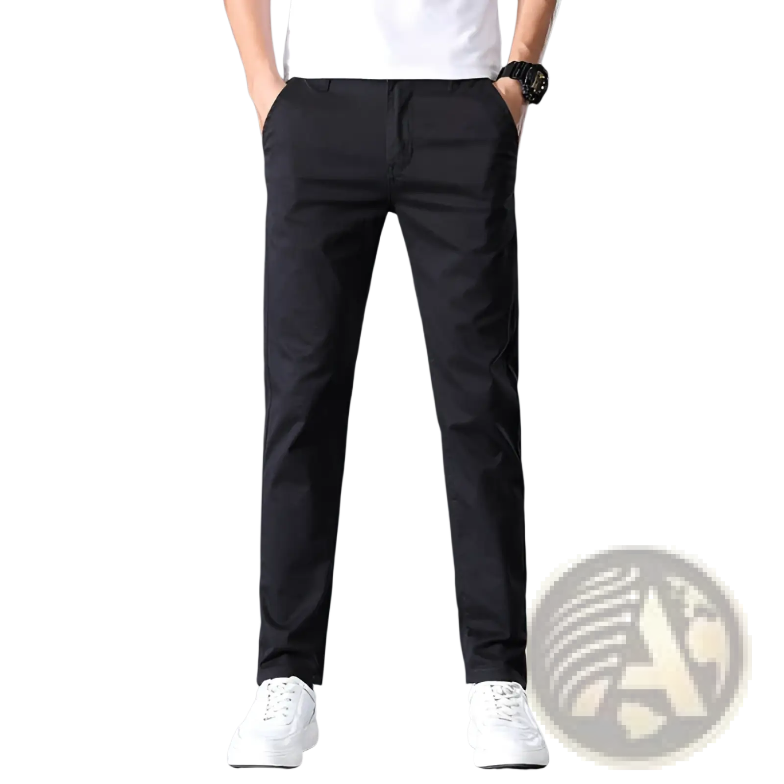 Men’s black slim fit elastic cotton chino pants with smooth lightweight fabric and subtle stitching details