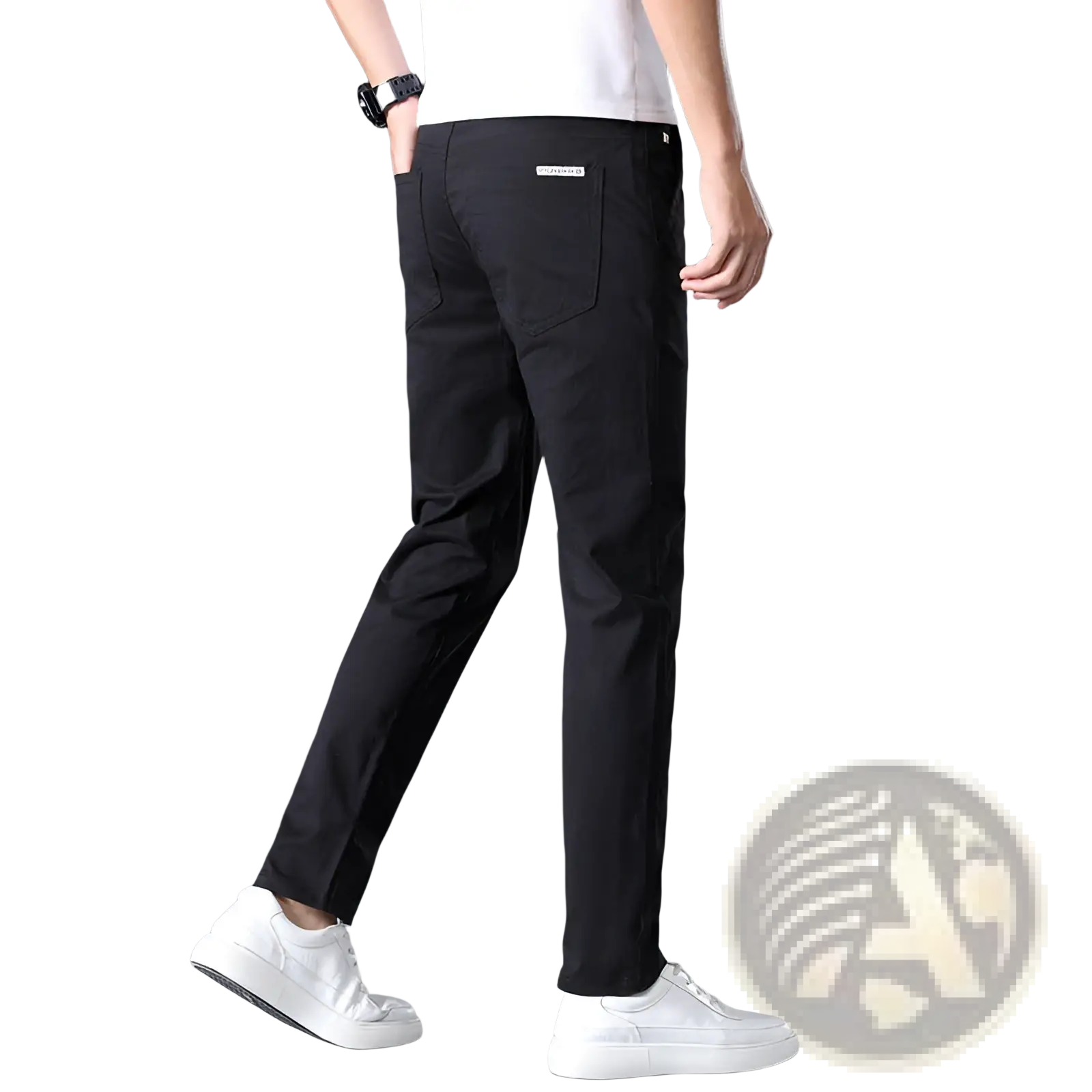 Men’s black slim fit elastic cotton chino pants shown from the back with a subtle woven label on the pocket