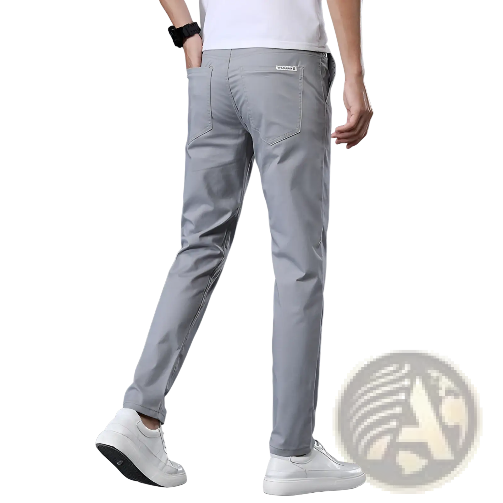 Men’s light gray slim fit elastic cotton chino pants with subtle texture and straight leg design